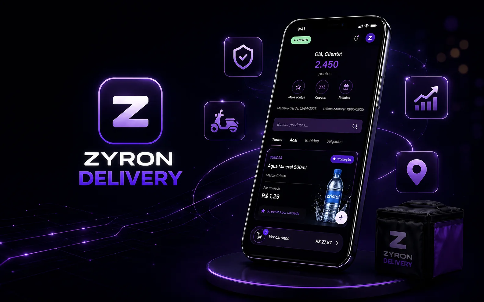 Cardápio digital do ZYRON Delivery exibido em um celular