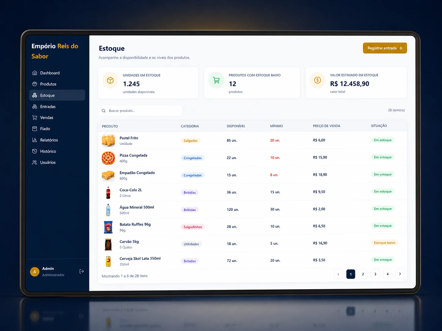Controle de estoque do Empório Reis do Sabor em mockup de tela